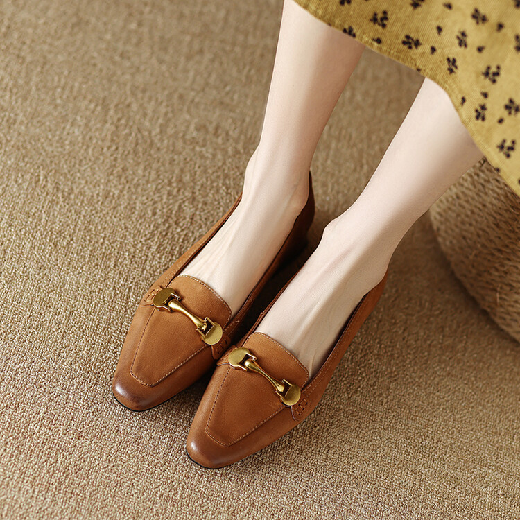 Korean Style Women's Flat Shoes - Brown Leather Slip-On - Image 4