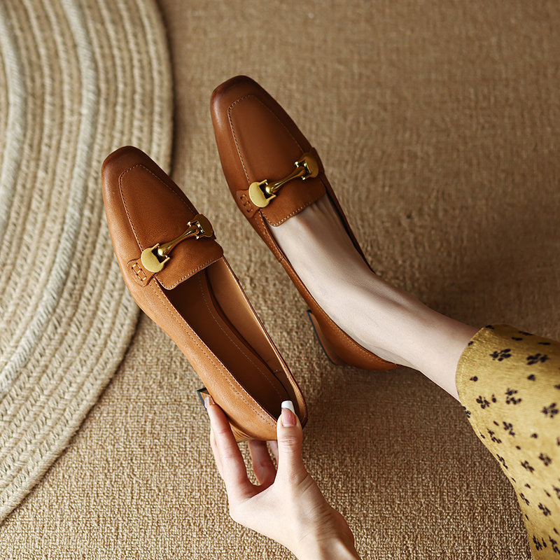 Korean Style Women's Flat Shoes - Brown Leather Slip-On