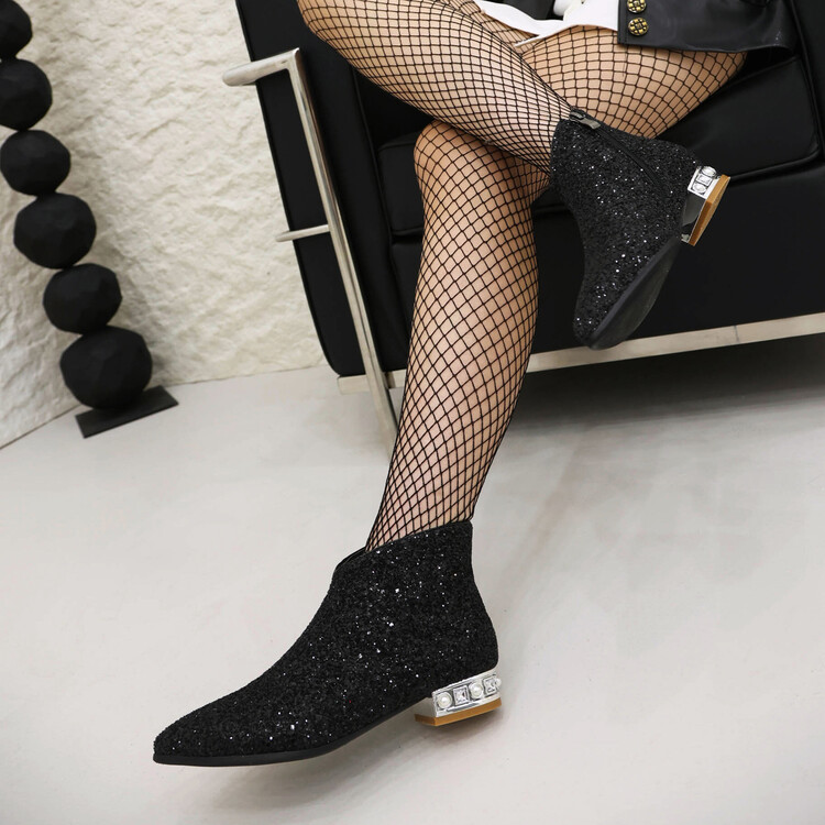 Sequin Pointed Toe Low Chunky Heel Short Fashion Boots - Style e.html - Image 3