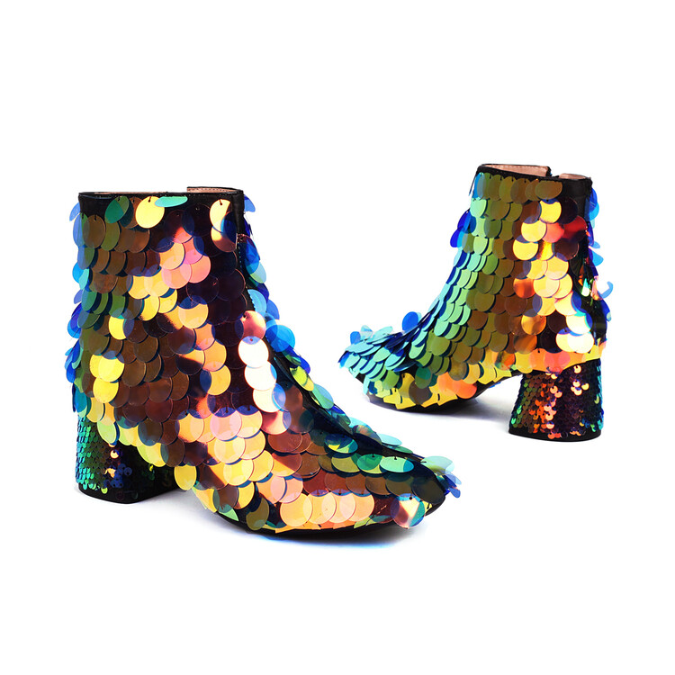 Sequin Mid Chunky Heel Square Toe Short Fashion Boots - Image 3