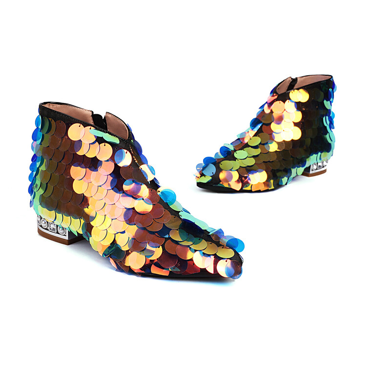 Sequin Pointed Toe Low Chunky Heel Short Fashion Boots - Style k.html