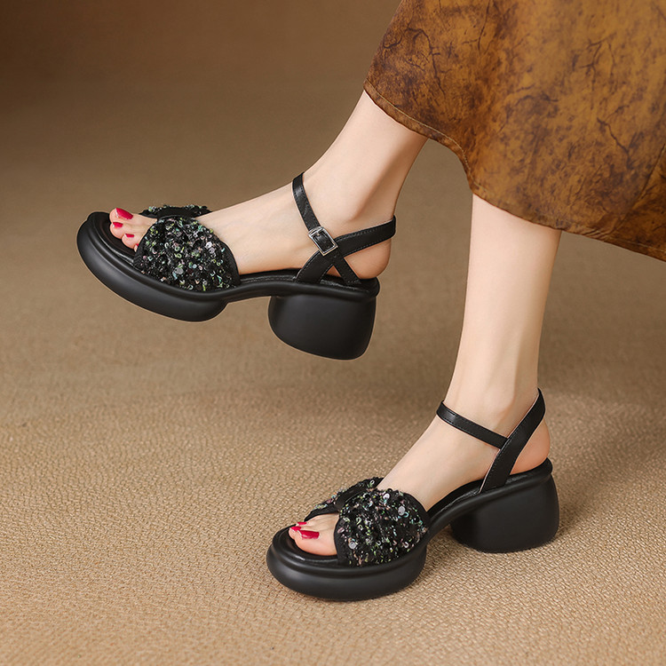 Women's One-Strap High Heel Sandals with Sequins and Chunky Heel