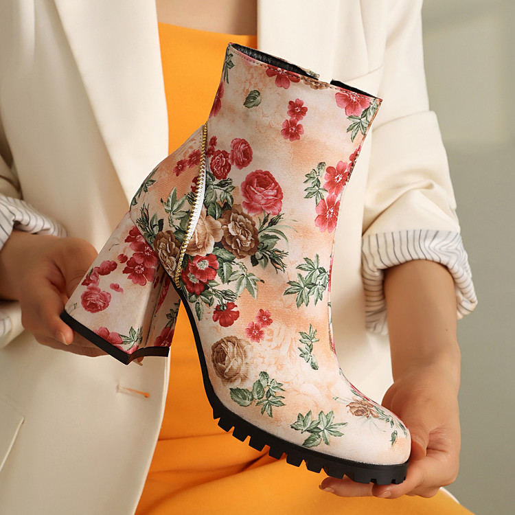 Sweet Polka Dot Martin Boots with Bow High Heel Square Heel Back Zip