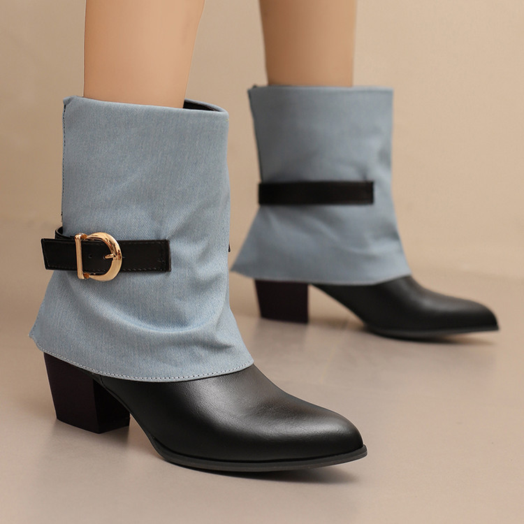 Women's Square Toe Mid Calf Martin Boots with Buckle Strap - Image 3