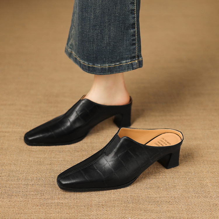 Women's Square Toe Block Heel Sandals - Sheepskin Slip-On